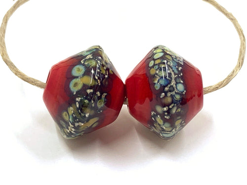 Red Bicones with Fine Silver and Raku