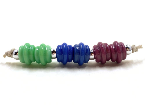 Ribbed Spacers - green grasshopper, marine blue, and red violet