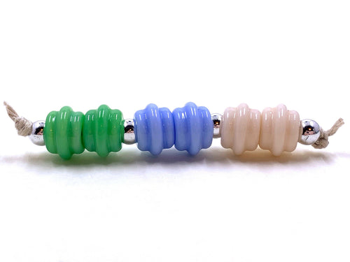 Ribbed Spacers - green grasshopper, light periwinkle, and butter pecan