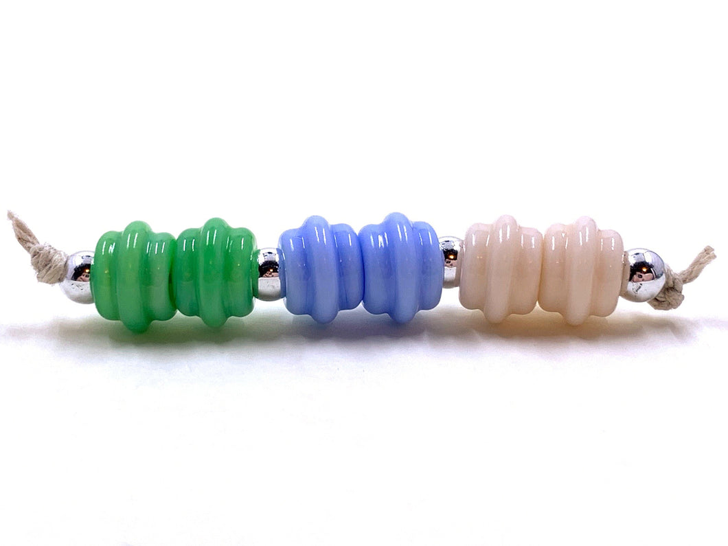 Ribbed Spacers - green grasshopper, light periwinkle, and butter pecan